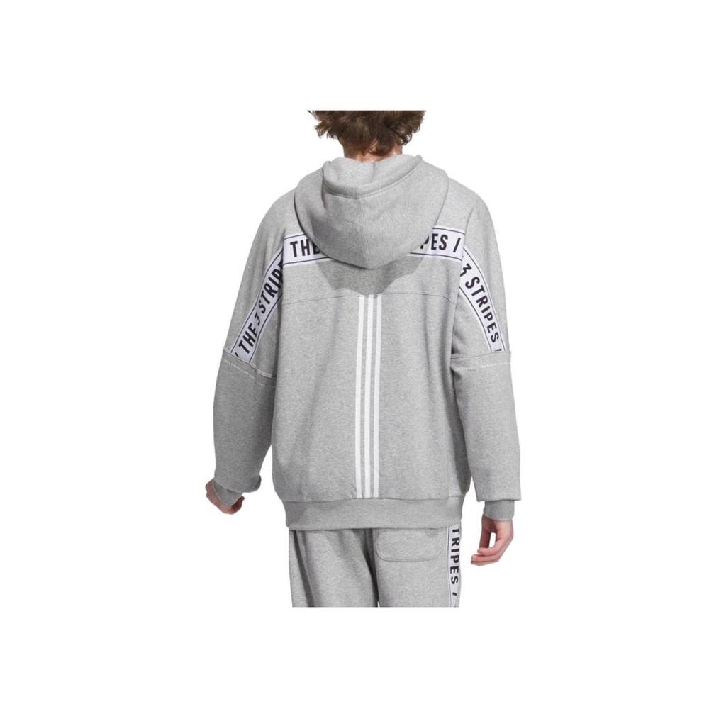 Adidas Bunda s kapucí na zip s dlouhým rukávem s potiskem pruhů a písmen Unisex bunda Šedá IK7327