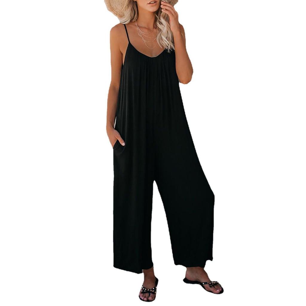 2026 Sommer Damen einfarbiger Jumpsuit mit aufgesetzten Taschen und Trägern - Lockere lässige Passform lange Hosen
