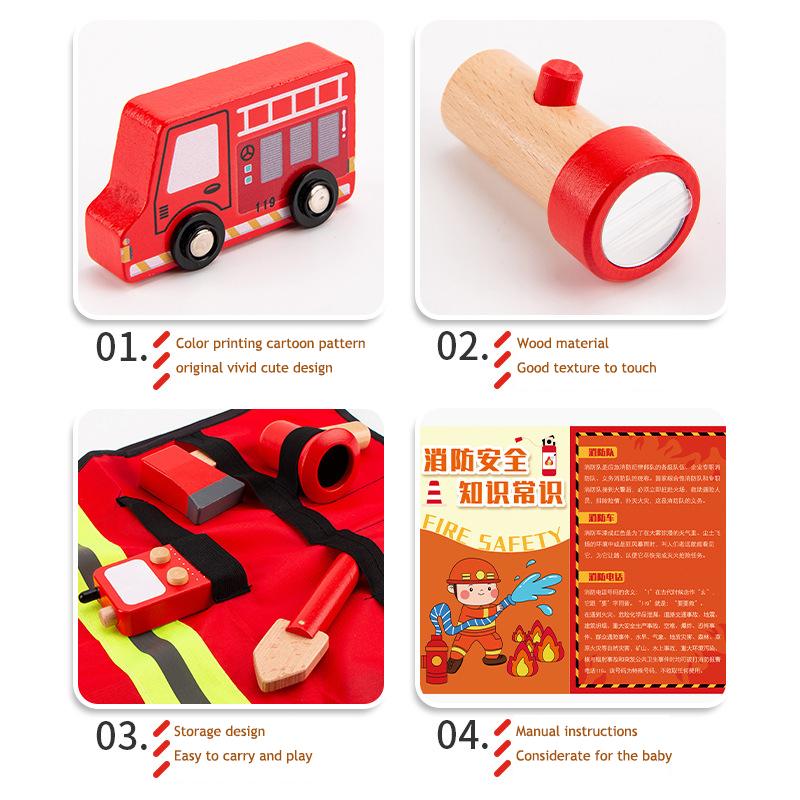 Play House Wooden Toy Firefighter Roleplaying Toys Simulation Fire Extinguishing Equipment Fire Engine Set for Kindergarten Kids