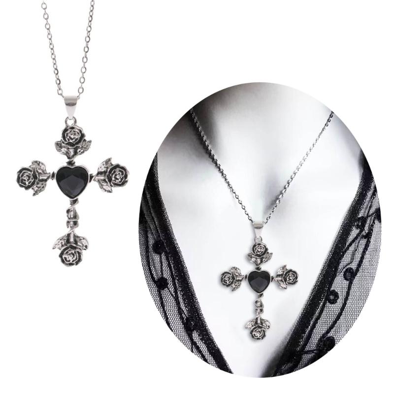 Thorn Knotted Rose Crosses Pendant Necklace Ornament Stylish Neckchain Accessories for Gothic Style Enthusiasts