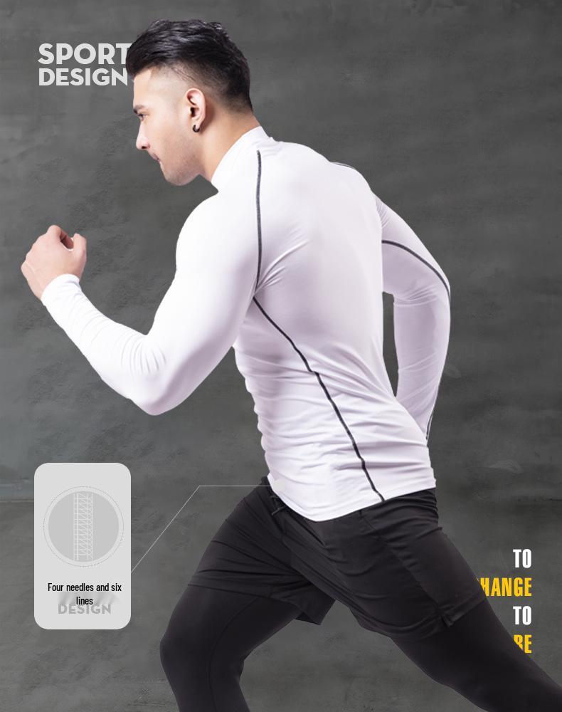 Men's Silk Grid High-Neck Performance T-Shirt - Elastic, Quick-Dry, Long-Sleeve for Autumn/Winter Running.