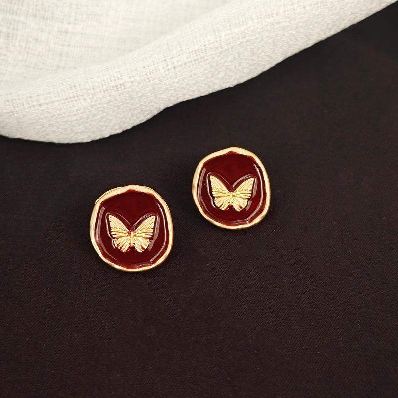 

Простые ретро черные круглые серьги-гвоздики премиум-дизайна с бабочками