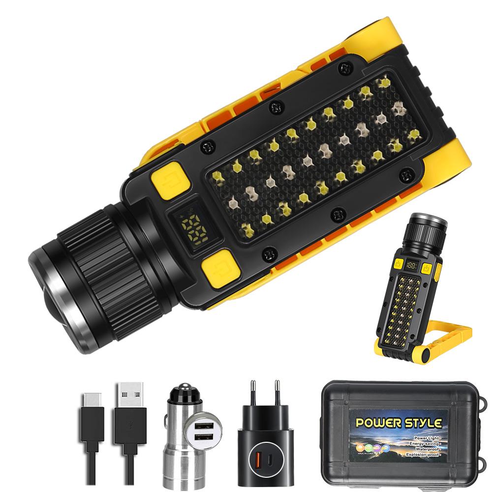 Portable LED COB Work Light Rechargeable Flashlight Power Bank Magnetic Waterproof Camping Foldable Lantern with Power Display