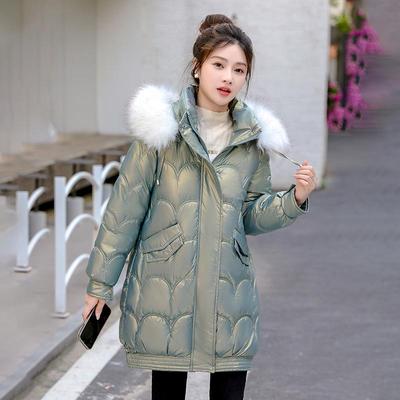 NEU Damen glänzende Daunen-Baumwolljacke Winter neuer Pelzkragen Kapuzenmantel weibliche warme Parkas Mode lässig locker langer Mantel
