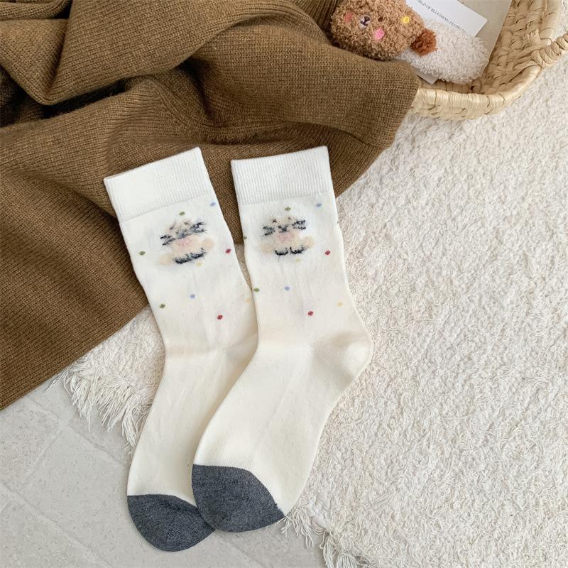 Cute Plush Puppy Cashmere Socks, Women's Mid-calf Socks, Autumn and Winter Thickened and Fleece Warm Cartoon Wool Long Socks