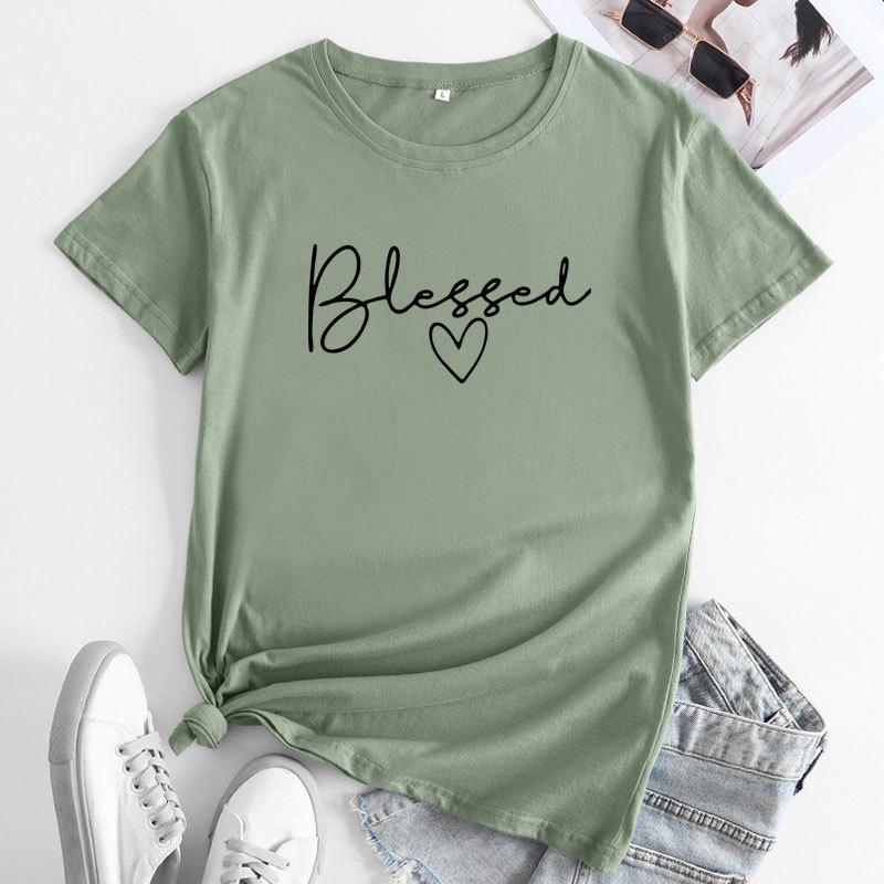 Summer Round Neck Letter Blessed Printed Top Fashionable Casual Short Sleeved Women's Pure Cotton T-shirts