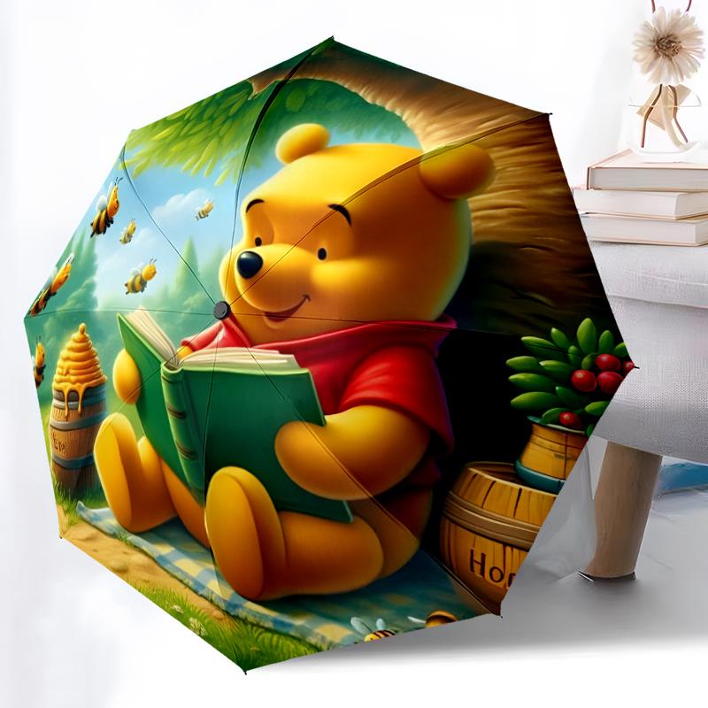 1pc Sturdy 8-Bone Auto Umbrella, Pooh Bear Hammock Pastel Umbrella, Digital Printed, Foldable Umbrella for On-the-Go Outdoor Use