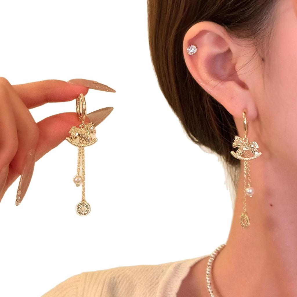Benmingnian Horse Pearl Copper Coin Tassel Earrings