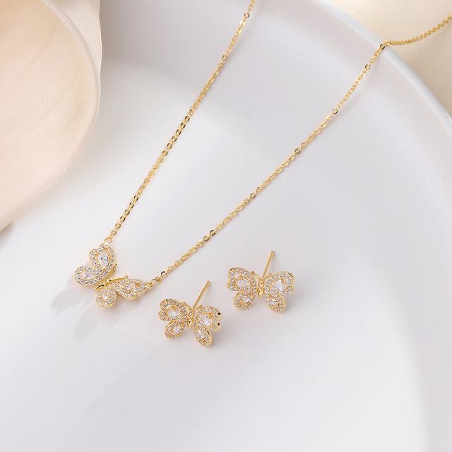 Trendy Butterfly Jewelry Sets Pave Zircon Shiny Rhinestone Gold Plated Clavicle Chain Earrings Women Girls Elegant Accessories