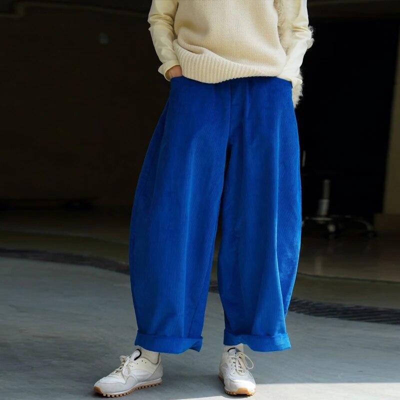 

Johnature Зимние японские повседневные вельветовые брюки длиной до щиколотки с эластичной резинкой на талии, однотонные свободные карманы, женские шаровары M темно-синий