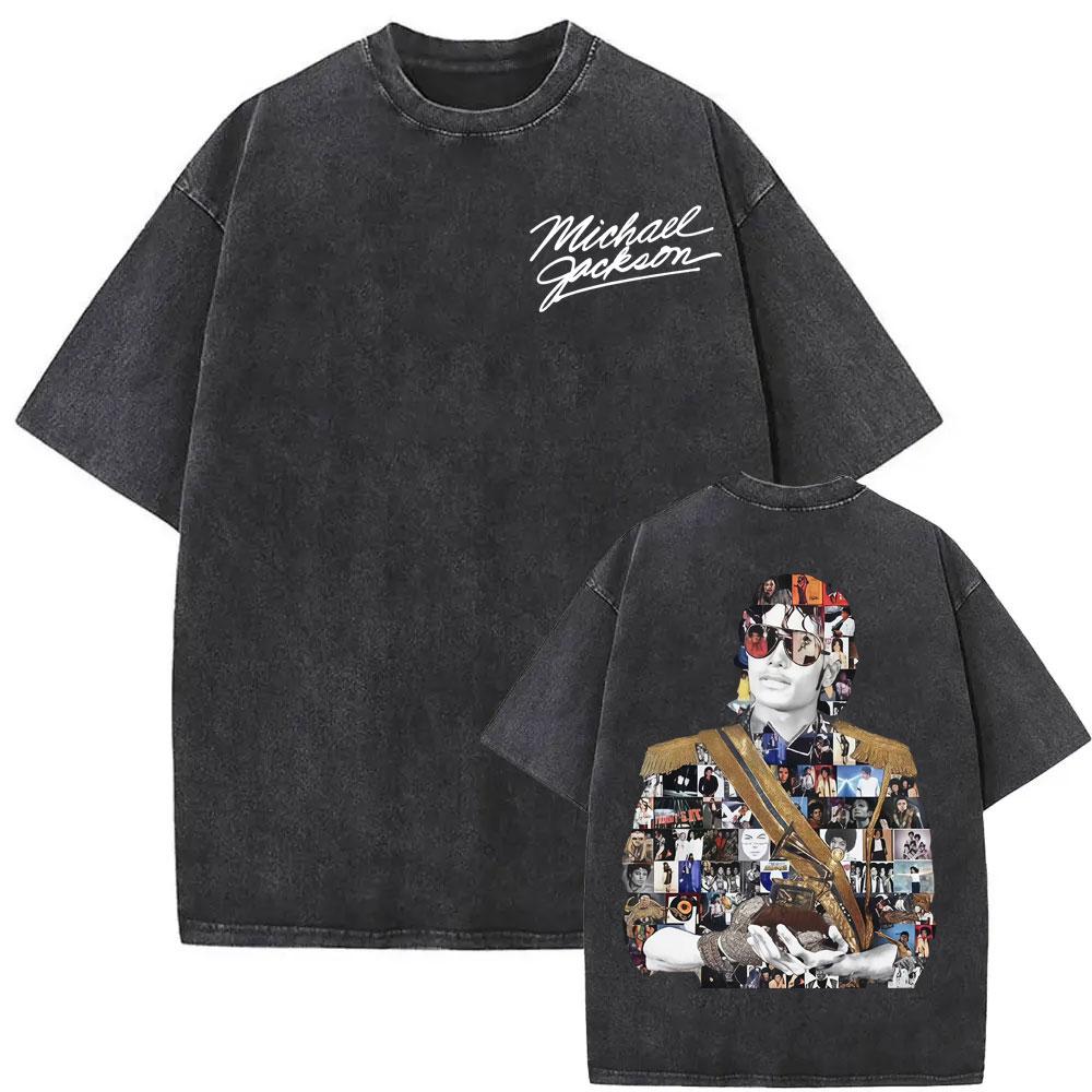 Michael Jackson King of Pop MJ Vintage Washed T-Shirt Herren Damen High Street Gothic Klassisches T-Shirt Sommer Oberteile Hip Hop T-Shirt