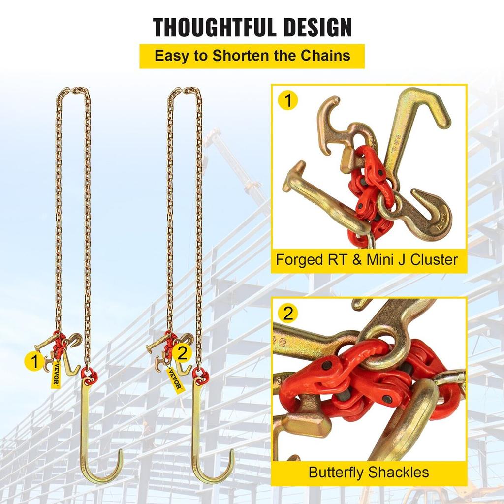 J Hook Chain, 5/16 in x 10 ft Bridle Tow Chain, G80 Bridle Transport Chain, Alloy Steel Chain with 2 G70 J Hooks, 9260 Lbs Break Strength Tow Hooks
