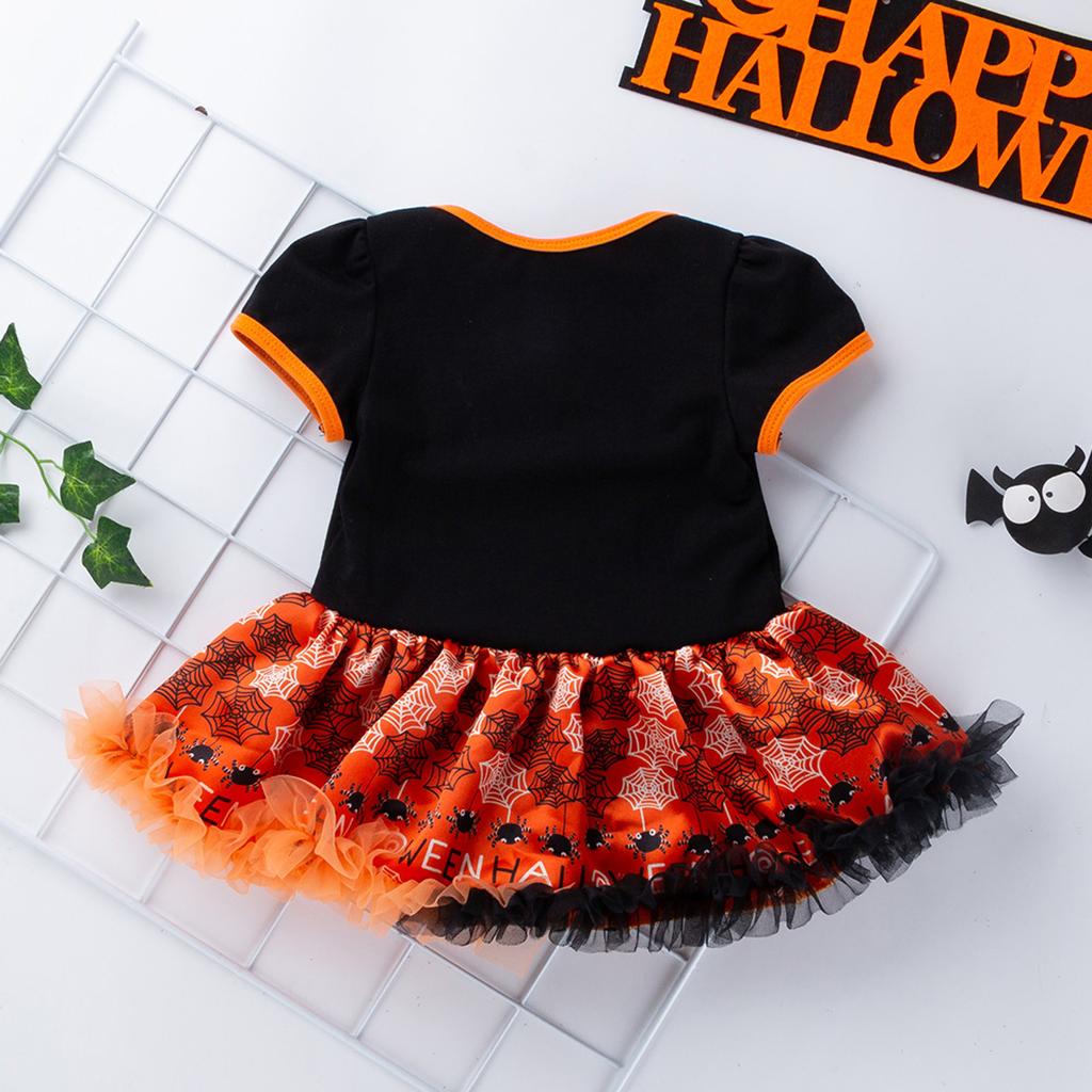 Dziewczęcy Zestaw Ubraniowy 2PC Sukienka z Krótkim Rękawem i Nadrukiem Dyni oraz Spódniczka Tiulowa z Opaską na Głowę Strój na Halloween