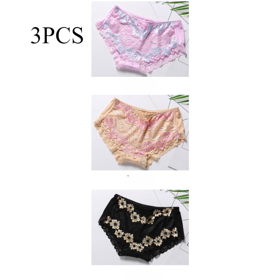 3pcs 4pcs/set Sexy Hollow Lingerie Lace Patchwork Knickers Soft Mid Waist Women's Underwear for Girls Panties
