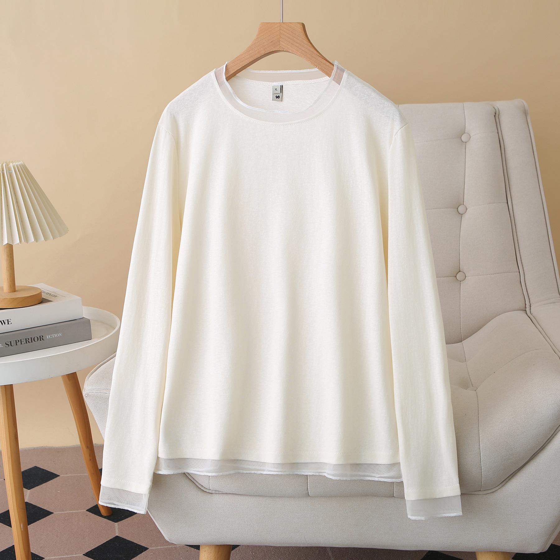 

2026 Spring Plus Size Women s Mesh Splicing Long Sleeve Round Neck Base Layer Top for Chubby Girls 2XL бежевий