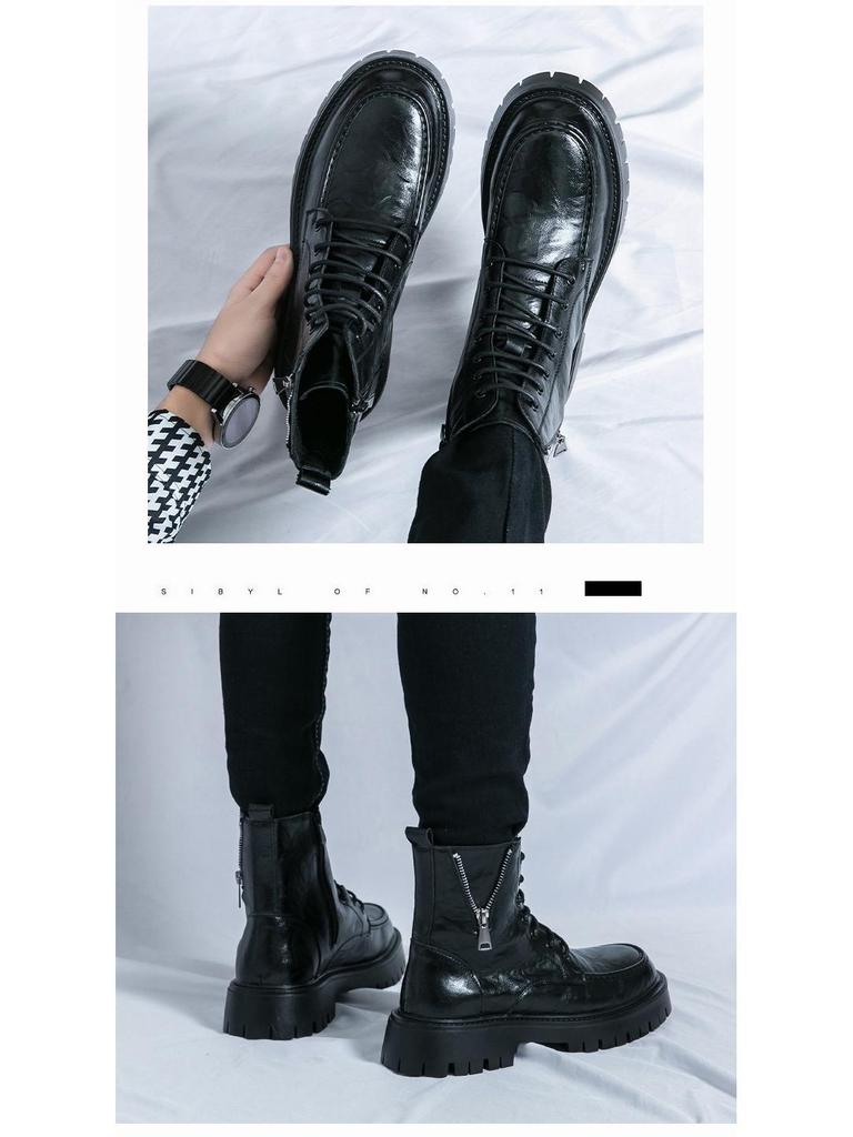 New Men's High-Top Leather Martin Boots - Autumn/Winter European & American Fashion, Lace-Up Motorcycle Ankle Boots.