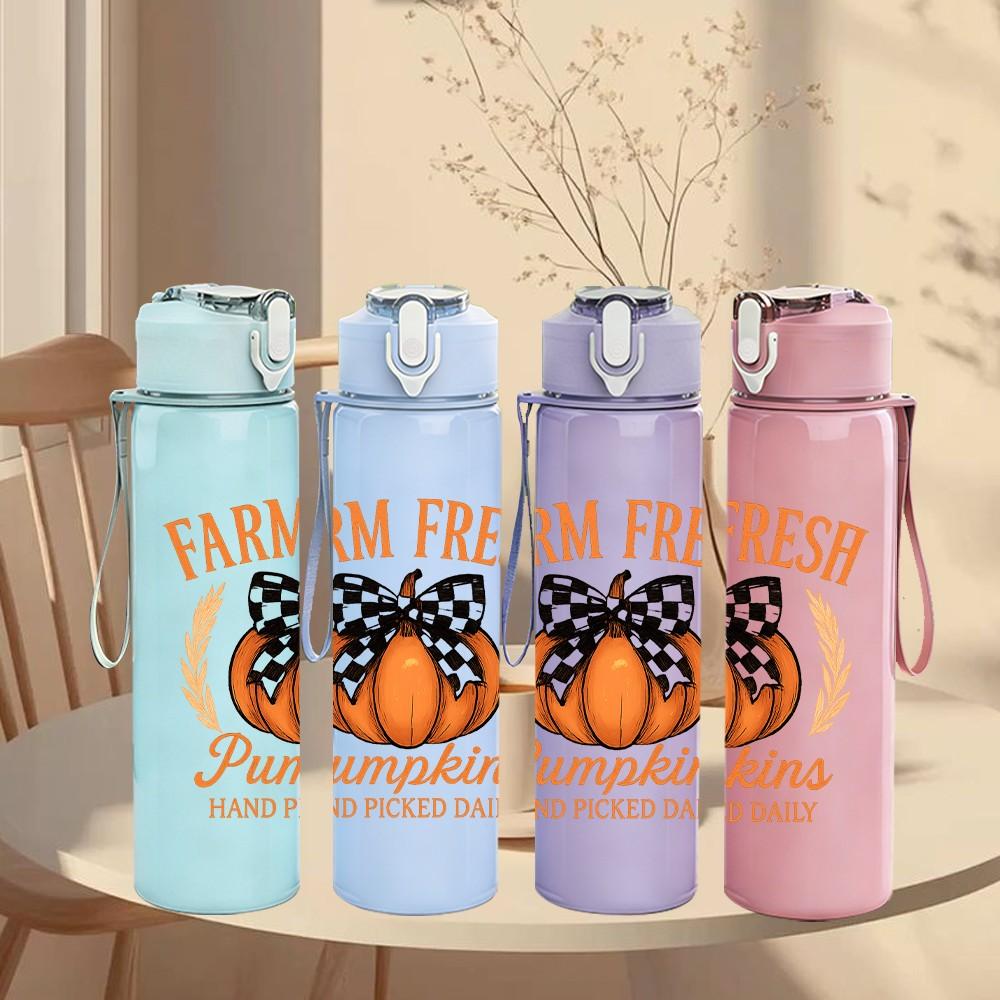 1PC Farm Fresh Pumpkin Letter 750ml Color Plastic Sports Water Bottle Leakproof Flip Straw Lid Suitable for Sports Office Home Use