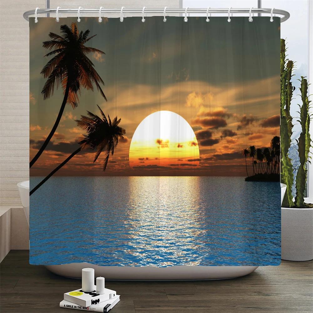 Sunlight Ocean Scenery Shower Curtains Decoration Waterproof Fabric Sunset Dusk Sea Dolphin Cowboy Bath Curtain Bathroom Screen