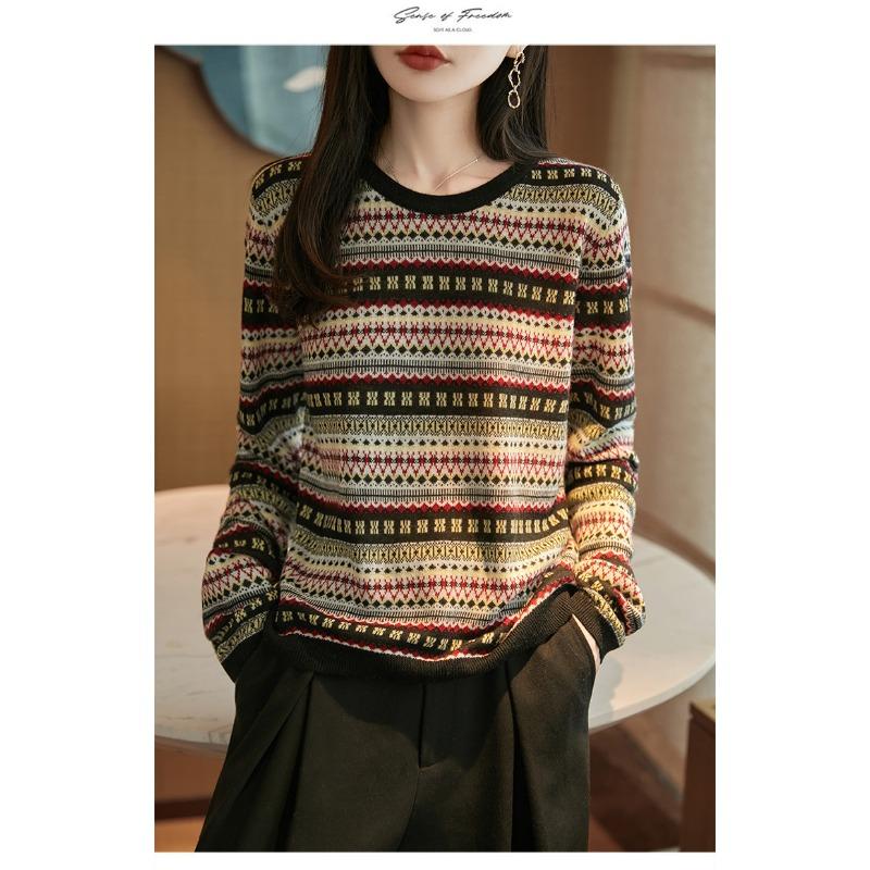 Autumn Winter Vintage Ethnic Women S Round Neck Knitted Sweater