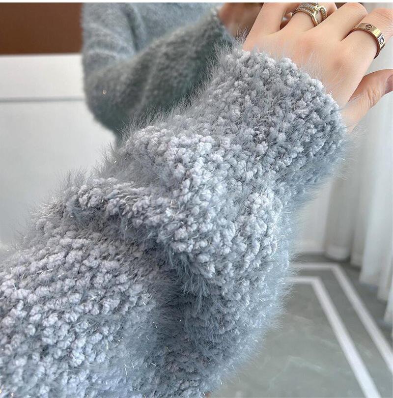 Women's 2025 Faux Mink Velvet Knit Sweater - Cozy Autumn/Winter Round Neck Pullover