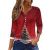 Maglietta Top da Donna Moda Casual Stampa Albero di Natale Scollo a V Bottone Decorativo Manica a Tre Quarti
