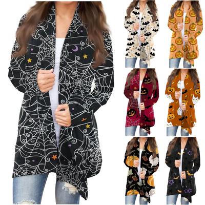 Modische, lässige, Halloween-bedruckte, langärmelige, mittellange Strickjacke für Damen