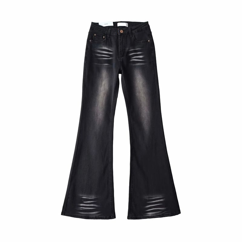 

Spring and Summer Women s Clothing French Retro Casual Minimalist Zipper Ornament High Waist Cat Beard Slightly Pull Denim Long Loose Pants Black L