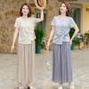 Elegant Summer Suit Set for Middle-Aged Women: Short Sleeve Top & Wide-Leg Pants