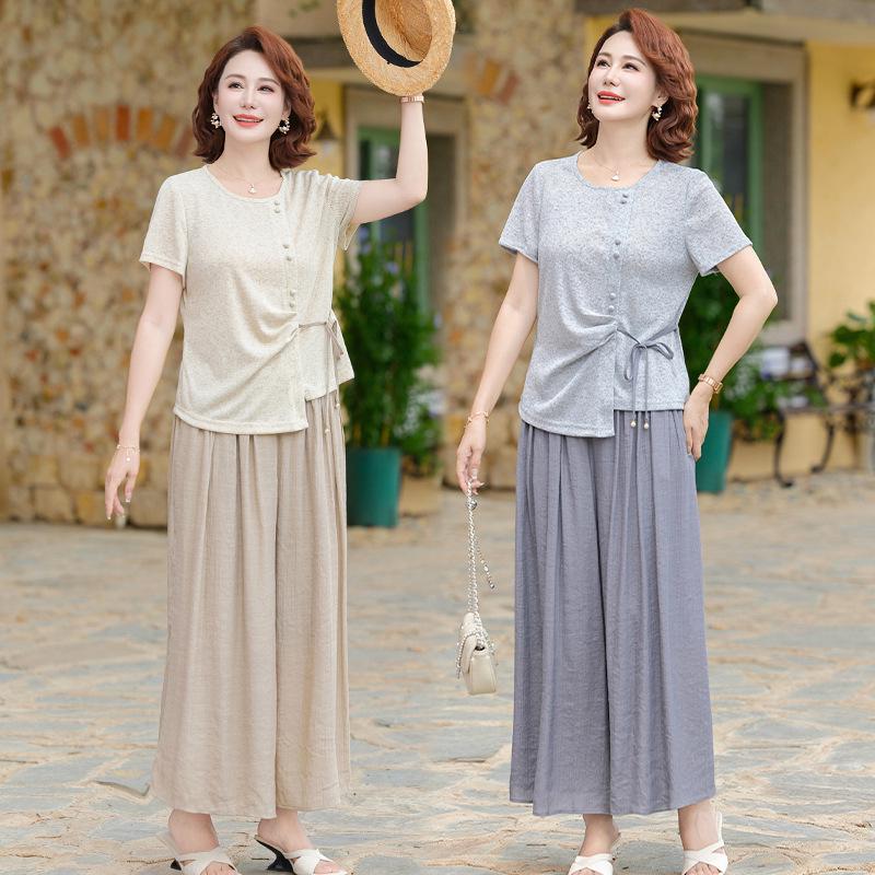 Elegant Summer Suit Set for Middle-Aged Women: Short Sleeve Top & Wide-Leg Pants