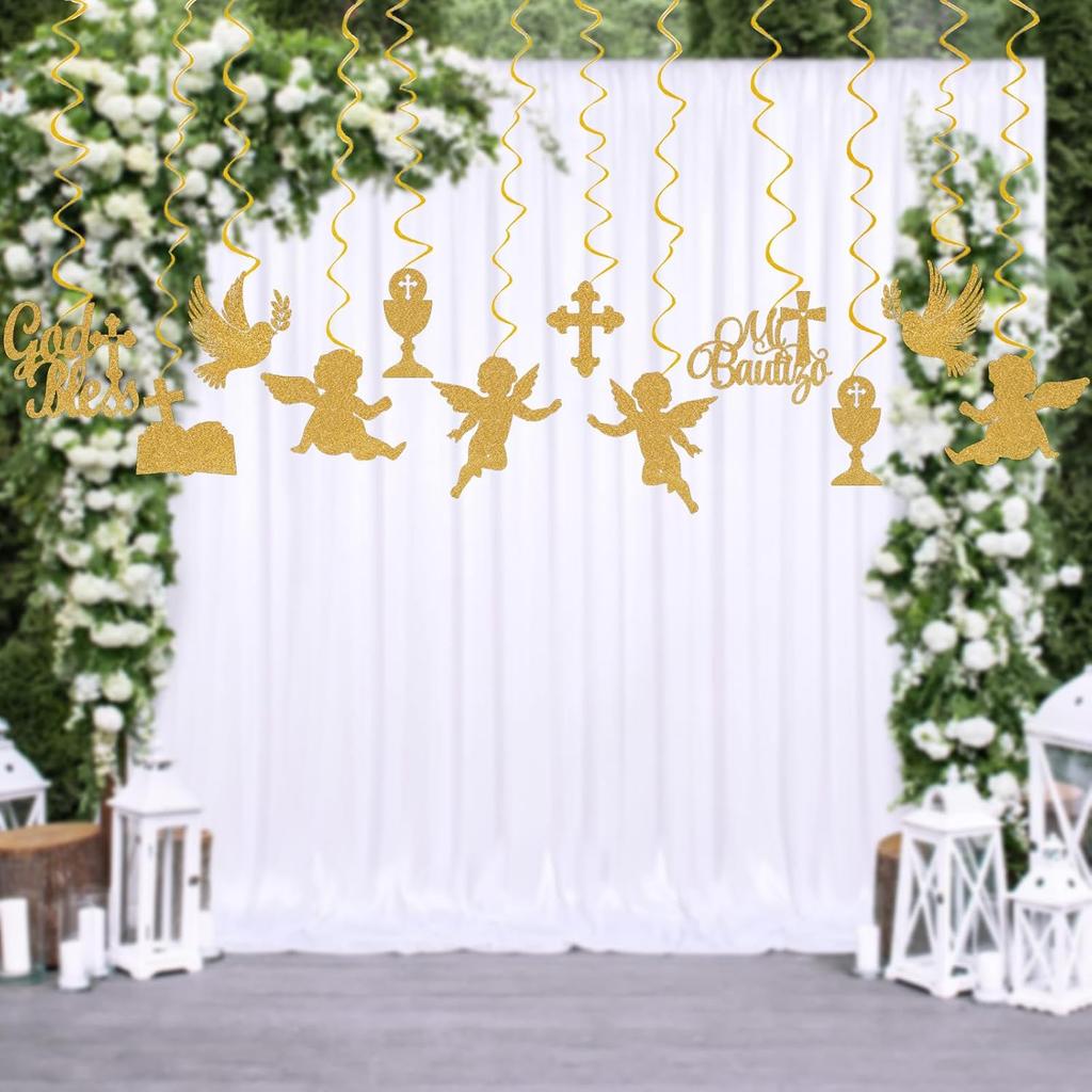 Mi Bautizo Party Decoration Baptism Decorations 24pcs Hanging Swirls Decoration God Bless Angel Gold Party Ceiling Decor Banner Supplies Baby Shower