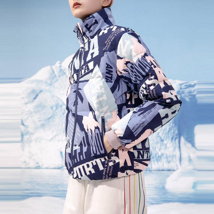 Anta Lifestyle Series Letter Logo All Over Print Sports Warm Stand Collar Down Jacket Women Outerwear Spring-Blue 162148909-2