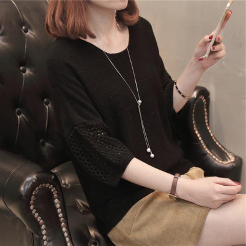 Knit Short Sleeve Top Women Mesh Lace Thin Student Spring Autumn Shirt Loose Mid Sleeve Cover Up