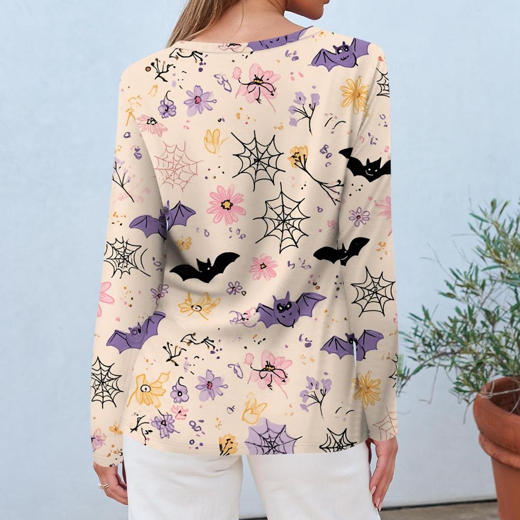 Modisches, lässiges Langarm-Oberteil mit Rundhalsausschnitt und Halloween-Print für Damen