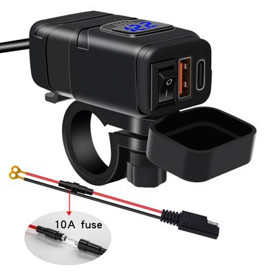 Motorcycle Phone Charger, USB Type C Quick Charge 3.0 Motorcycle USB Charger with Voltmeter ON/Off Switch for Phone Tablet 7/8inch Handlebar