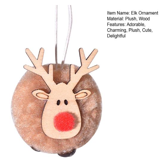 Pom Pom Reindeer Christmas Ornament Plush Elk Hanging Ornaments Wooden Deer Slices Xmas Tree Pendants for Home Party Holiday Decor