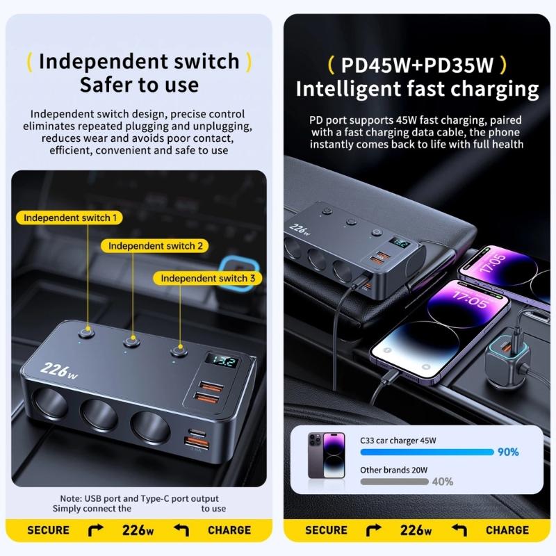 Universal 12V 24V Vehicle Charger Spliter Supporting PD3.0 For Quick Charge Of Phones Laptops Tablets Safely