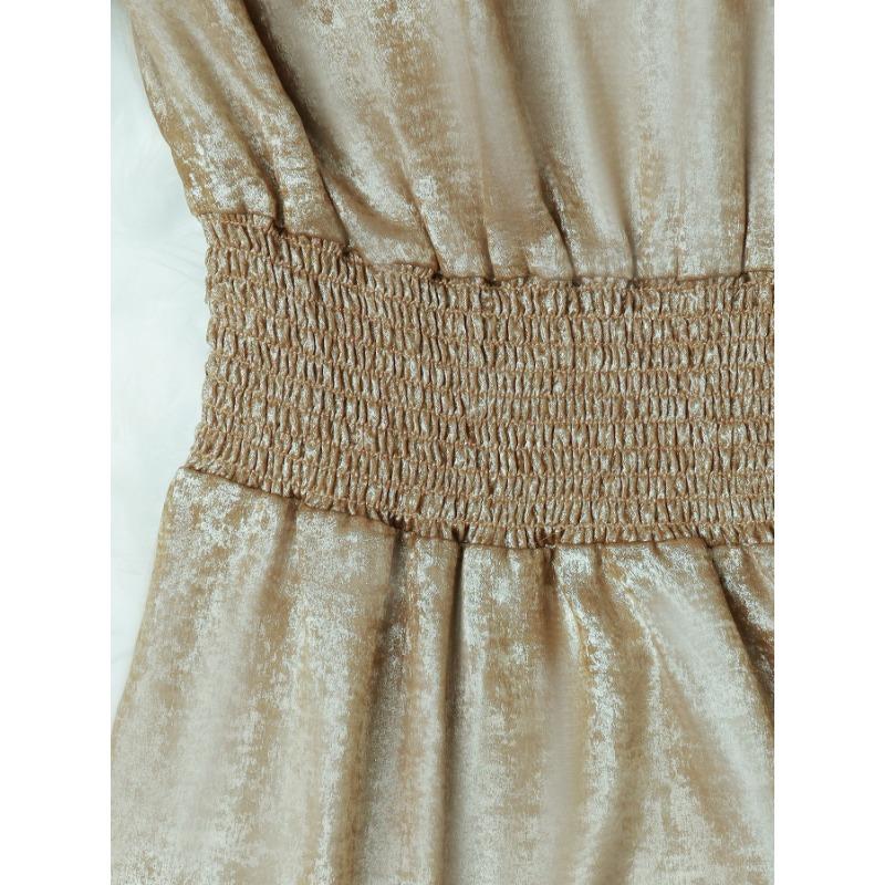 Women's Summer Metallic Deep V-neck Lotus Sleeve Solid Color Dress