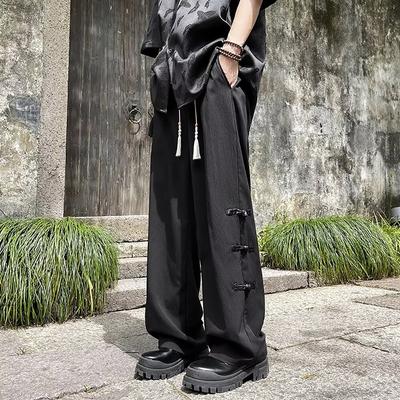 Pantalon en soie glacée de style chinois pour hommes en été Nouveau style, drapé, ample droit à jambes larges décontracté