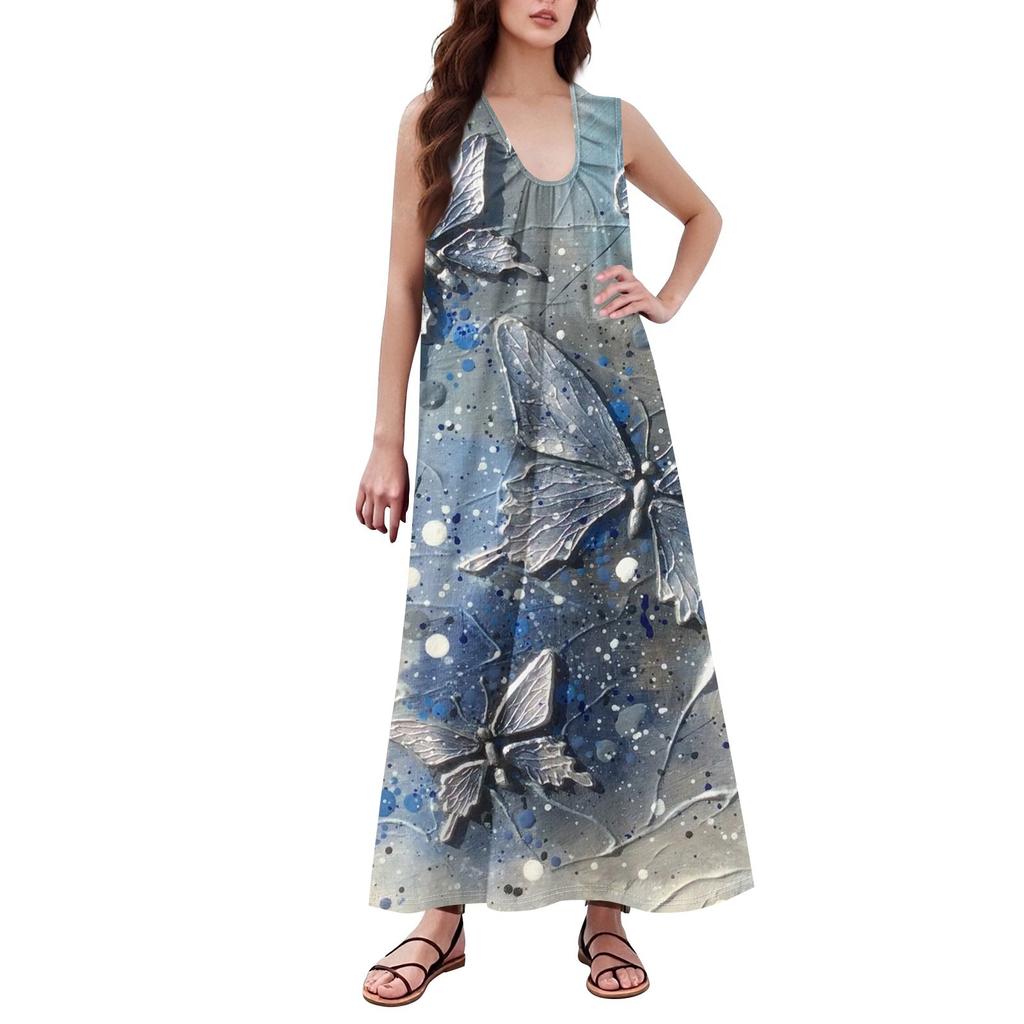 Mote Dame Casual A-linje Retro Trykket Hammerfølelse Løstsittende Langt Skjørt med Lommer