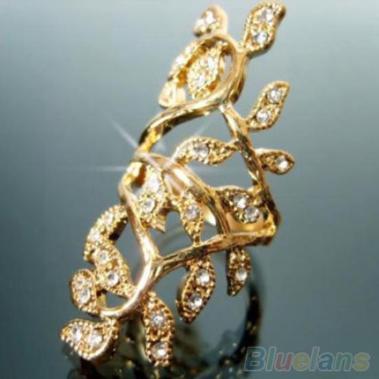 Women's Fashion Shiny Rhinestone Hollow Leaf Joint Armor Knuckle Ring Jewelry