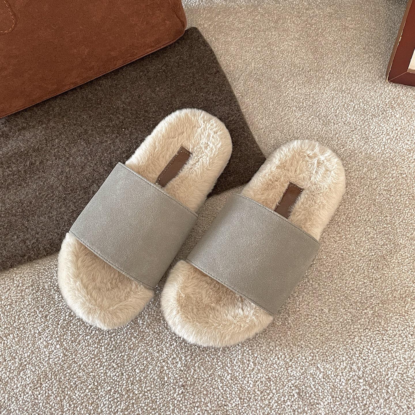 

Queen Fan retro flat-bottomed fluffy slippers for women s outer wear 2025 new autumn and winter versatile soft bottom non-slip one-word drag 35 серый