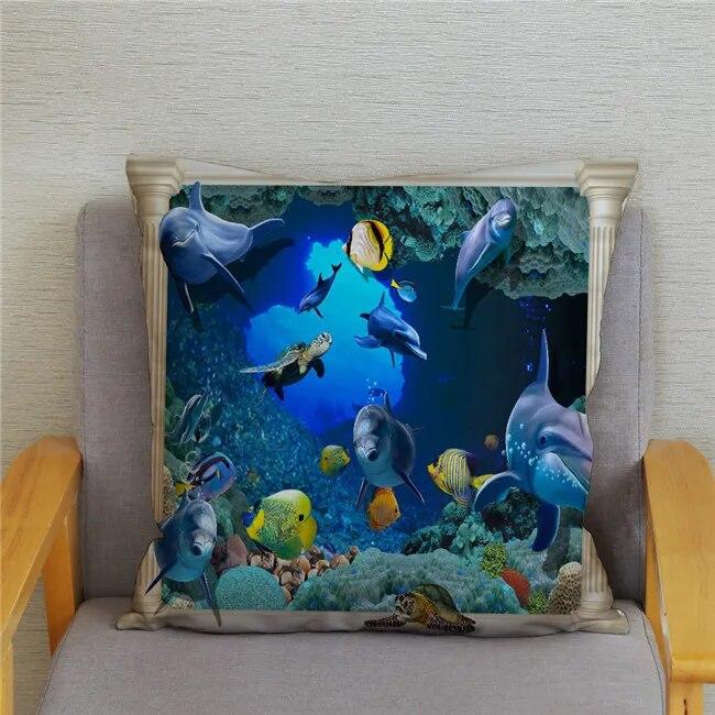 Cushion Cover Ocean Dolphin Pattern Underwater World Print Pillow  Kids Sofa Home Decor