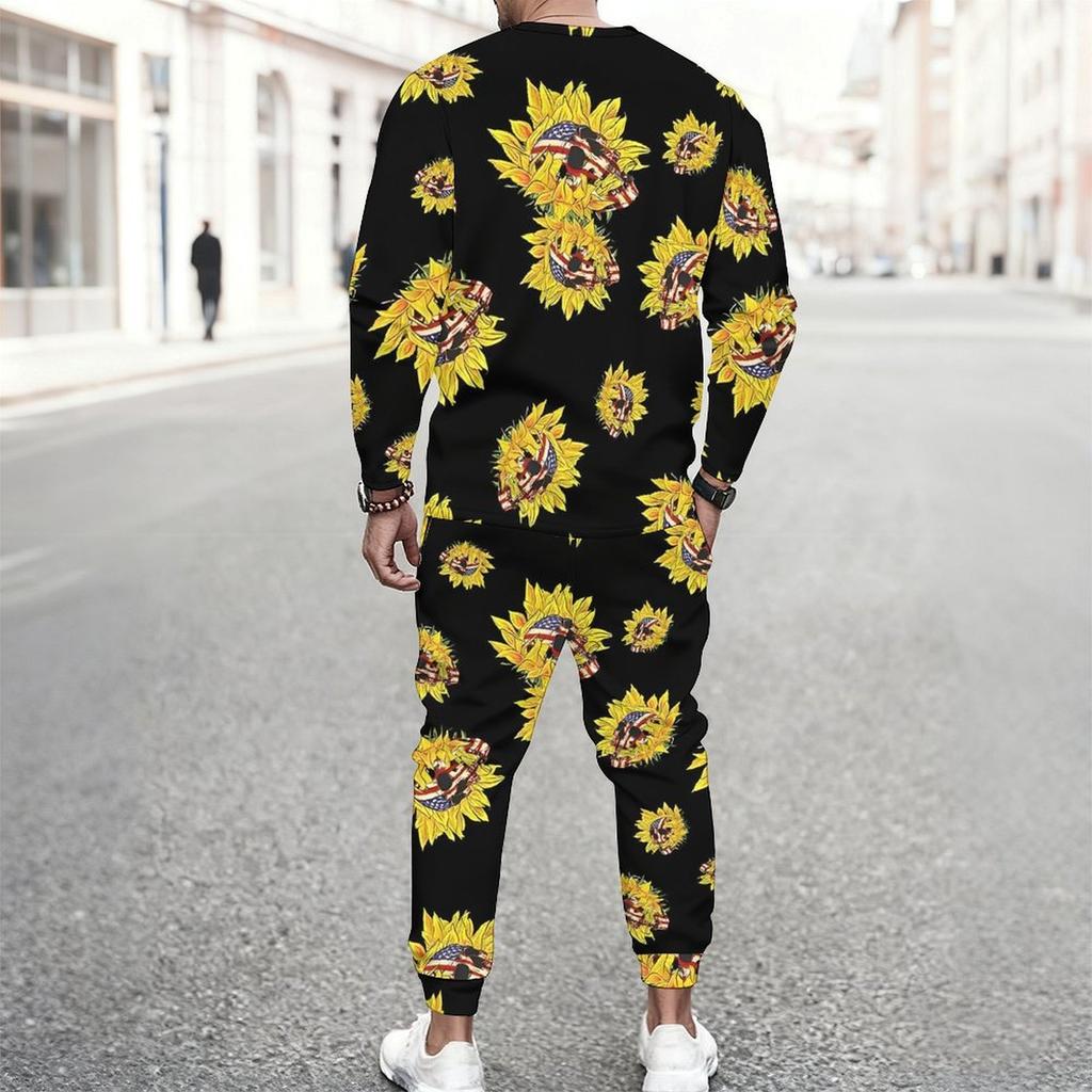 Men Sunflower Skull Flag Print Long Sleeve Sweatshirt And Drawstring Jogger Pants Casual Two Piece Streetwear Outfit