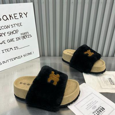 Premium Sense Fluffy Slippers Women's Wear 2025 Autumn and Winter New Internet Celebrity Thick Bottom One-word Drag Fluffy Birkencotton Drag