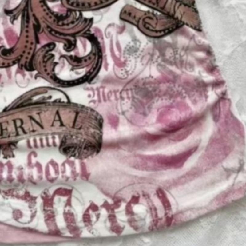 T-Shirts Damen Y2k Ästhetik Harajuku Vintage Patchwork Neckholder Bandage V-Ausschnitt Buchstabendruck Grunge Gothic Crop Tops
