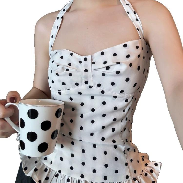 Polka-dot Print Bust-pleated Halter-neck Tie-back Top Casual Socialite-style Sensual Princess-style Waist-cinched Top