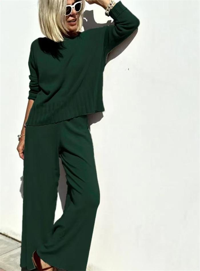 Spring 2025 Elegant Knit Wide-Leg Pants & Sweater Set - Casual Two-Piece Ensemble