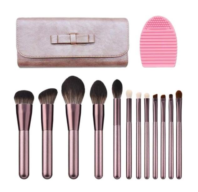 Pincel de base pincel de pó solto pincel de sombra para os olhos 12 peças conjunto de pincéis de maquiagem lã lilás pequena série uva bolsa de pincéis de maquiagem