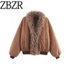 Za New Fall Women's Clothing 2025 Fashion Artificial Leather Stylish Suede Patchwork Big Fur Collar Cotton Coat Jacket