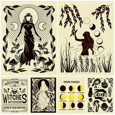 Natur Witchy och månfaser Wicca Vintage Väggkonst Oljemålning Gotisk Häxa Hemkonstaffisch